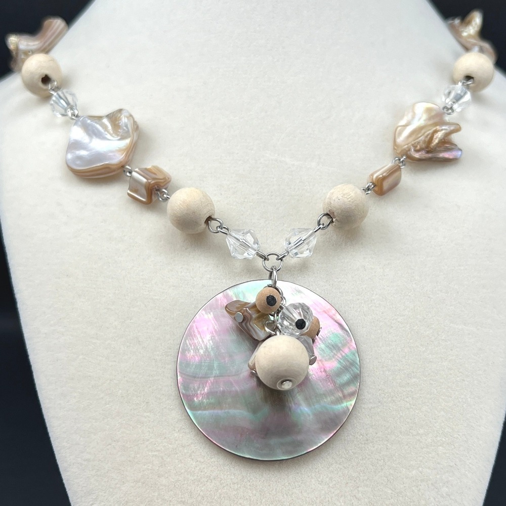 Shell Statement Necklace Wood Beads Mother of Pearl Boho 21"